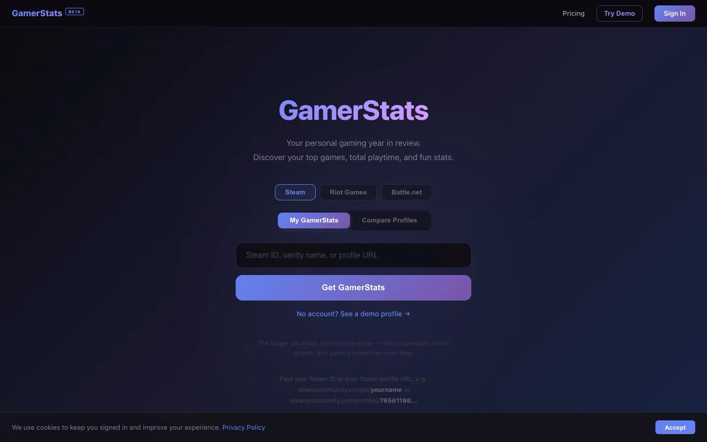 GamerStats.gg, a cross-platform gaming stats app showing a wrapped report