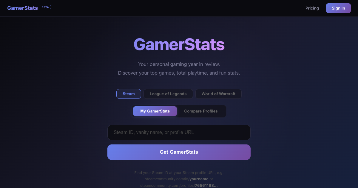 GamerStats.gg — a cross-platform gaming stats app showing a wrapped report